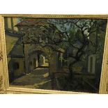 JAMES PROUDFOOT (1908-1971) "Courtyard Scene with Tree in Foreground, Arch in Background",