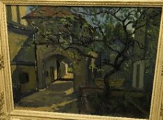 JAMES PROUDFOOT (1908-1971) "Courtyard Scene with Tree in Foreground, Arch in Background",