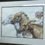 20TH CENTURY SCHOOL "Study of Horses' Heads and Jockey", watercolour and pencil, unsigned,