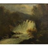 19TH CENTURY ENGLISH SCHOOL "River Landscape with Waterfall", oil on canvas, unsigned , approx.