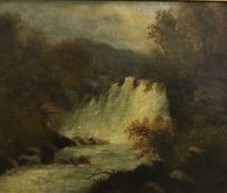 19TH CENTURY ENGLISH SCHOOL "River Landscape with Waterfall", oil on canvas, unsigned , approx.