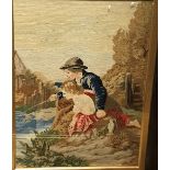 A 19th Century needlework tapestry panel depicting "A Scottish shepherd with his sheep,