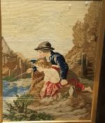 A 19th Century needlework tapestry panel depicting "A Scottish shepherd with his sheep,