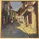 TINA MORGAN "Continental Street scene with Figure", oil on board, signed lower right,