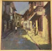 TINA MORGAN "Continental Street scene with Figure", oil on board, signed lower right,