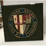 A painted cast metal GWR railway plaque inscribed "Great Western Railway Company" and bearing