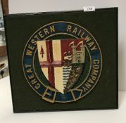 A painted cast metal GWR railway plaque inscribed "Great Western Railway Company" and bearing