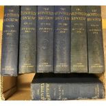 Ten boxes of various books including "The Monthly Review" circa 1901-1910, "The Works of Dickens",