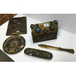 A Victorian brass and turquoise mounted desk set comprising stationery box, pen dish, paper knife,