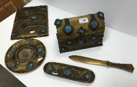 A Victorian brass and turquoise mounted desk set comprising stationery box, pen dish, paper knife,