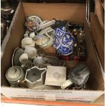 A box of assorted china wares to include a Worcester blind earl pattern cream jug,