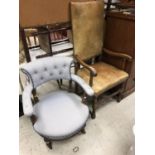 A Victorian buttoned upholstered shell back salon chair on cabriole front legs to scroll feet and