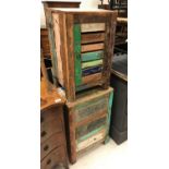 A rustic painted teak cupboard with slatted door 38 cm x 33 cm x 61 cm high together with a