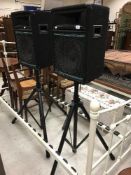 A pair of AC (Audio Concepts) Pro speakers on adjustable tripod stands,