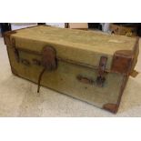 A circa 1900 leather bound green canvas covered travel trunk with tray to interior 107 cm wide x 44