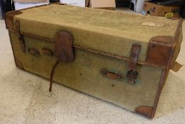 A circa 1900 leather bound green canvas covered travel trunk with tray to interior 107 cm wide x 44
