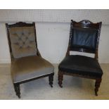 Two Victorian walnut framed salon chairs, one rexine upholstered, the other in buttoned draylon,