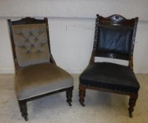 Two Victorian walnut framed salon chairs, one rexine upholstered, the other in buttoned draylon,