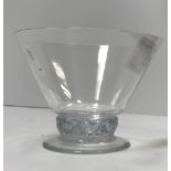 A Lalique conical glass with relief work and blue tinted bird decorated band on a spreading foot 7.