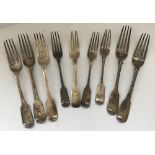 A collection of five 19th Century silver table forks and four similar dessert forks,