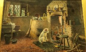 HENRY EDWARD SPERNON TOZER (1864-1938) "Cottage Interior Scene with Dog Seated in Front of a Fire",