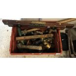 A box of assorted vintage tools to include three spirit levels to include two by J. R.
