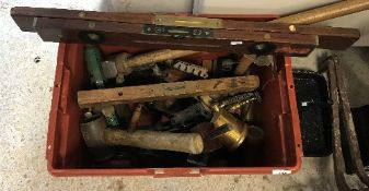 A box of assorted vintage tools to include three spirit levels to include two by J. R.