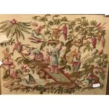 An early 19th Century woodwork embroidery of a "Chinoiserie Garden Scene with Woman Catching Carp