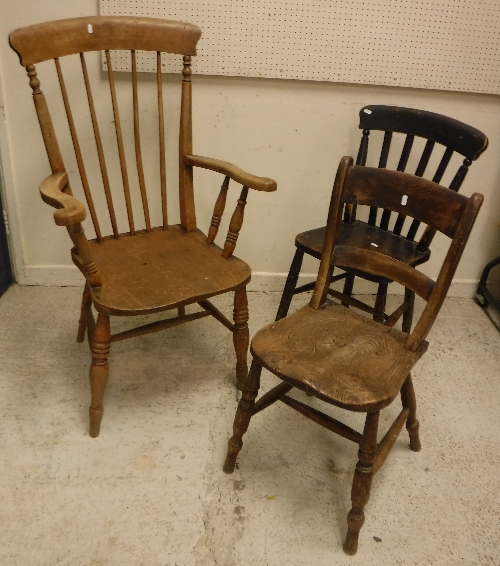 A late Victorian stained beech and elm stick back Windsor type elbow chair, 111 cm high,