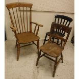 A late Victorian stained beech and elm stick back Windsor type elbow chair, 111 cm high,