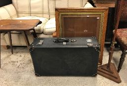 Two vintage suitcases, a burr walnut picture frame, a pole screen stand,