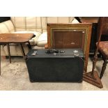 Two vintage suitcases, a burr walnut picture frame, a pole screen stand,