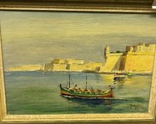 JOSEPH GALEA "Maltese Harbour Scene with Boat in Foreground", oil on board,