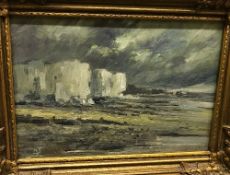 GJS "Stormy Coastal Landscape with White Cliffs", oil on board, monogrammed lower left,