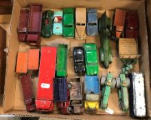 A box of assorted playworn Dinky toys to include Foden, Dodge, various tractors, etc,