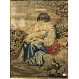 A 19th Century needlework tapestry panel depicting a mother and child in landscape and indistinctly