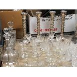 A collection of glassware to include various tumblers, decanters one with silver collar, etc.