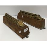 A pair of Victorian brass folding shelf wall brackets, inscribed "SP" to base, on oak mounts, 30.