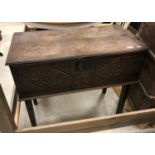 An 18th Century and later carved oak box on stand,