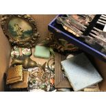 A box of assorted costume jewellery, cutlery,