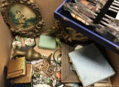 A box of assorted costume jewellery, cutlery,