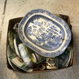 Four boxes of sundry china, glass and ornamental wares to include meat plates,