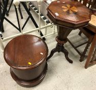 A Victorian walnut and parquetry inlaid octagonal trumpet shaped work table, 42 cm diameter x 71.