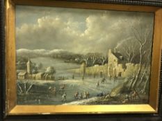 20TH CENTURY CONTINENTAL SCHOOL IN THE 18TH CENTURY DUTCH MANNER "Figures Skating on a Frozen