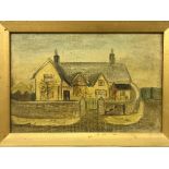 20TH CENTURY ENGLISH NAIVE SCHOOL "Country cottage with stone wall" oil on canvas,