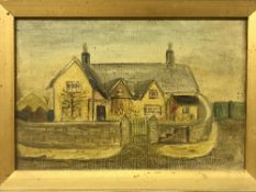 20TH CENTURY ENGLISH NAIVE SCHOOL "Country cottage with stone wall" oil on canvas,