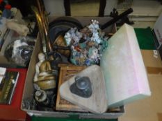 A box of assorted sundry items to include a modern Chinese cloisonne vase with Bonsai tree in hard