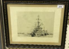 AFTER WILLIAM LIONEL WYLLIE "HMS Victory in Portsmouth" black and white etching signed in pencil to