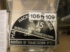 A vintage enamel Hackney carriage plate inscribed "Hackney Carriage 5 Seats Borough of Thamesdown