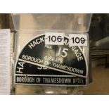 A vintage enamel Hackney carriage plate inscribed "Hackney Carriage 5 Seats Borough of Thamesdown